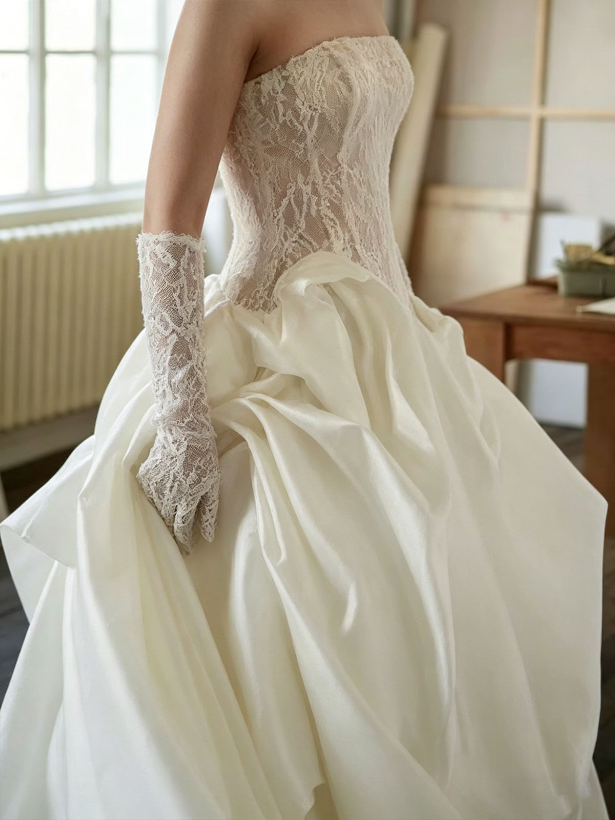 Ivory Lace Strapless Satin Ball Gown Wedding Dress with Gloves