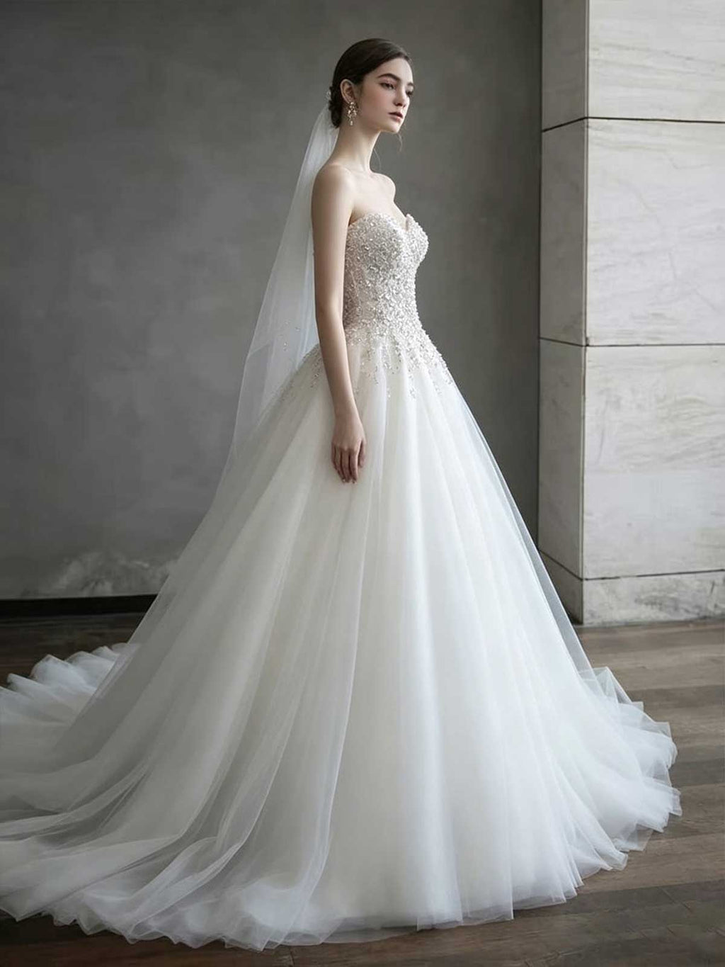 Ivory Beaded Strapless Tulle A-Line Wedding Dress with Veil
