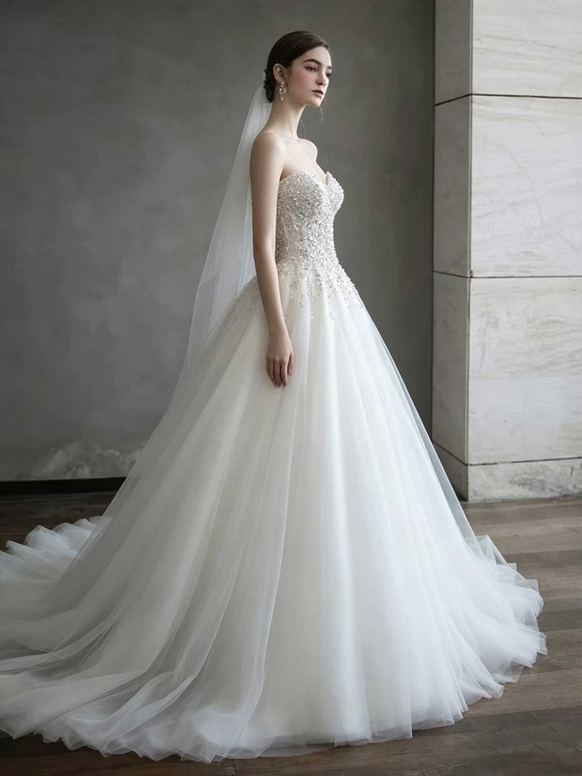 Ivory Beaded Strapless Tulle A-Line Wedding Dress with Veil