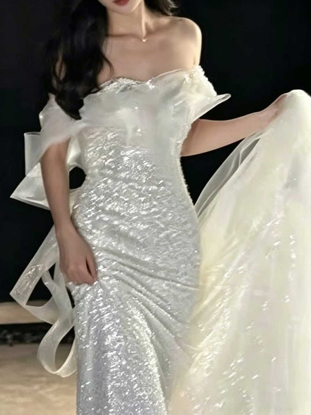 White Off-the-Shoulder Sequin Mermaid Wedding Dress with Detachable Train