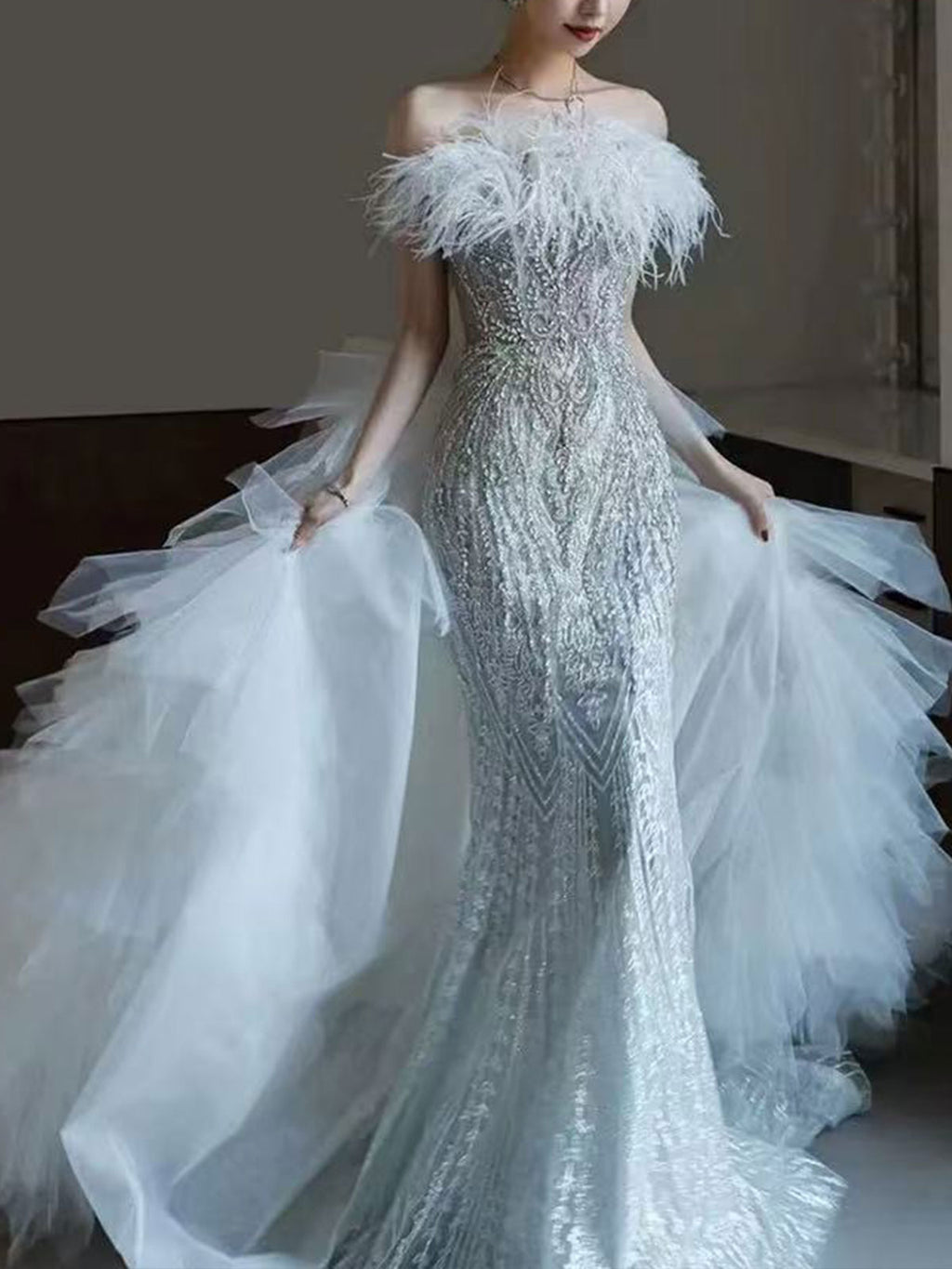 Off Shoulder Ostrich Feather Glitter Tulle Mermaid Formal Gown