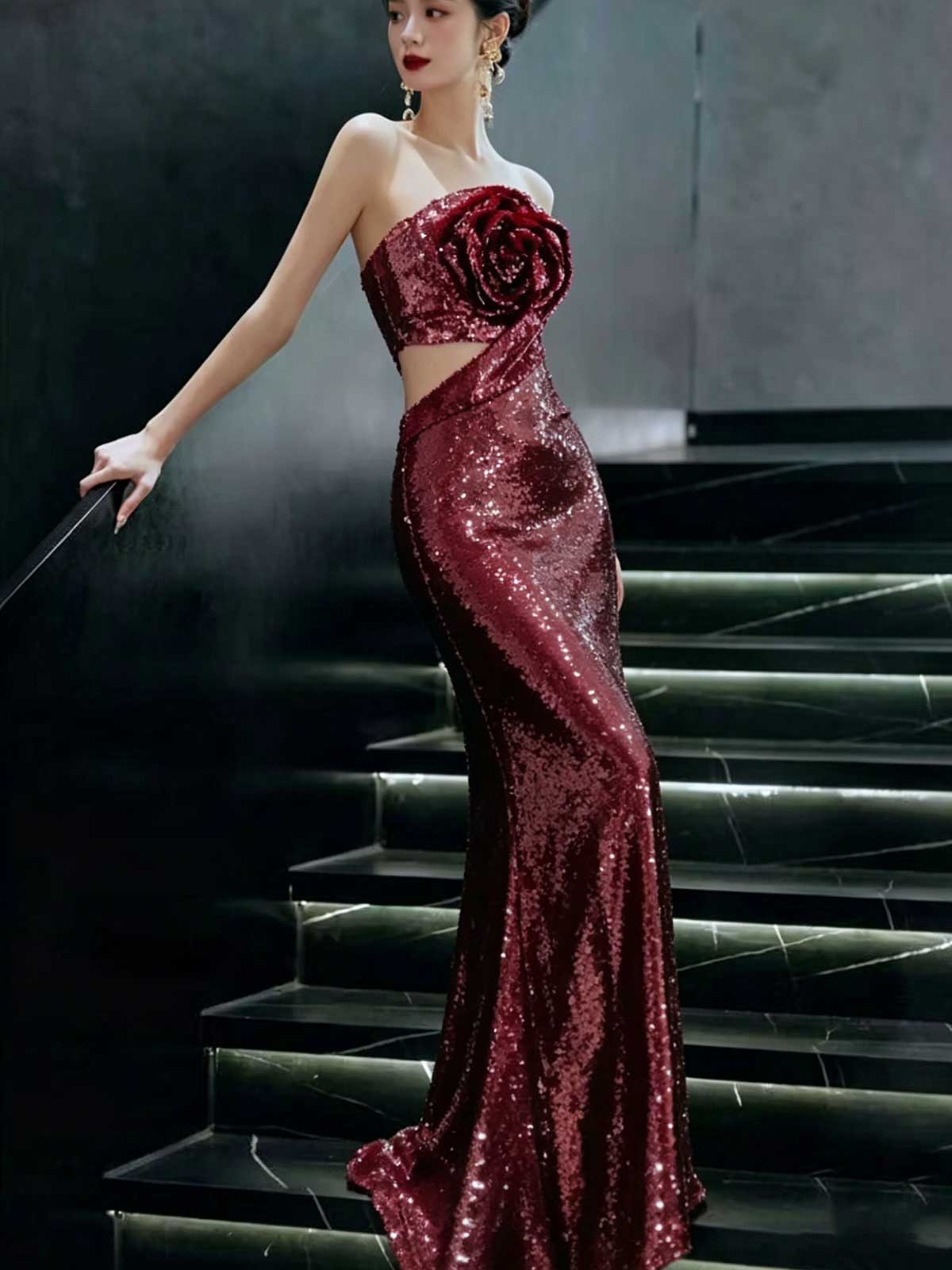 Burgundy Red Strapless Sequin Mermaid Evening Gown with 3D Rose