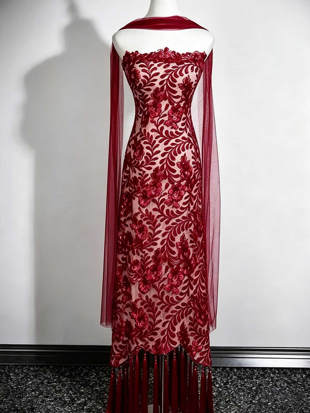 Burgundy Strapless Lace Evening Gown with Tassels and Chiffon Cape