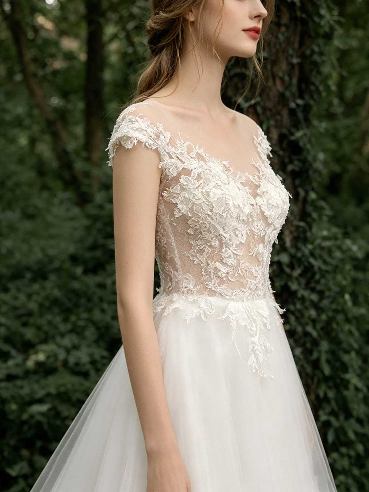 Ivory Lace Off-the-Shoulder Sheer Tulle A-Line Wedding Dress