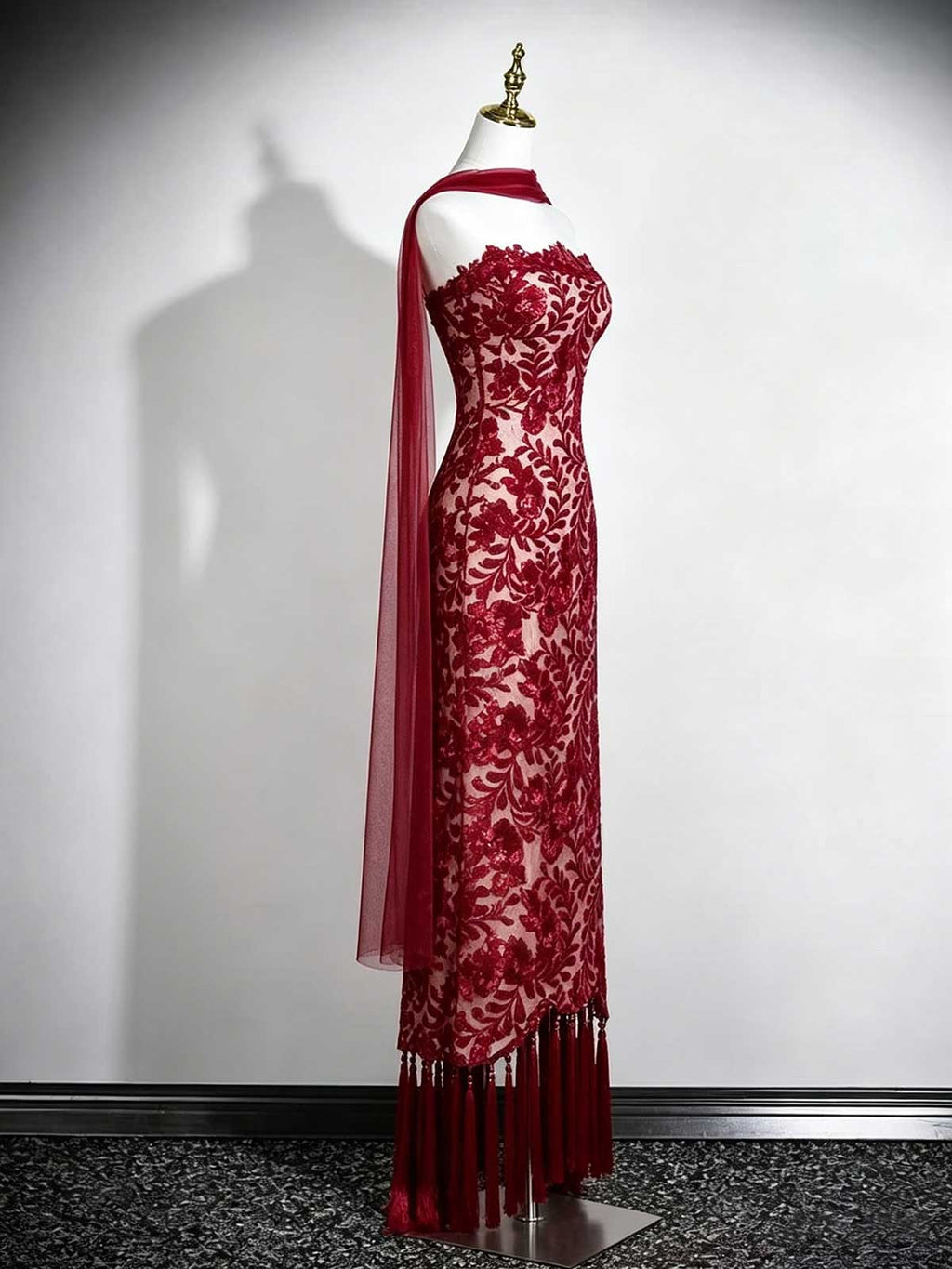 Burgundy Strapless Lace Evening Gown with Tassels and Chiffon Cape