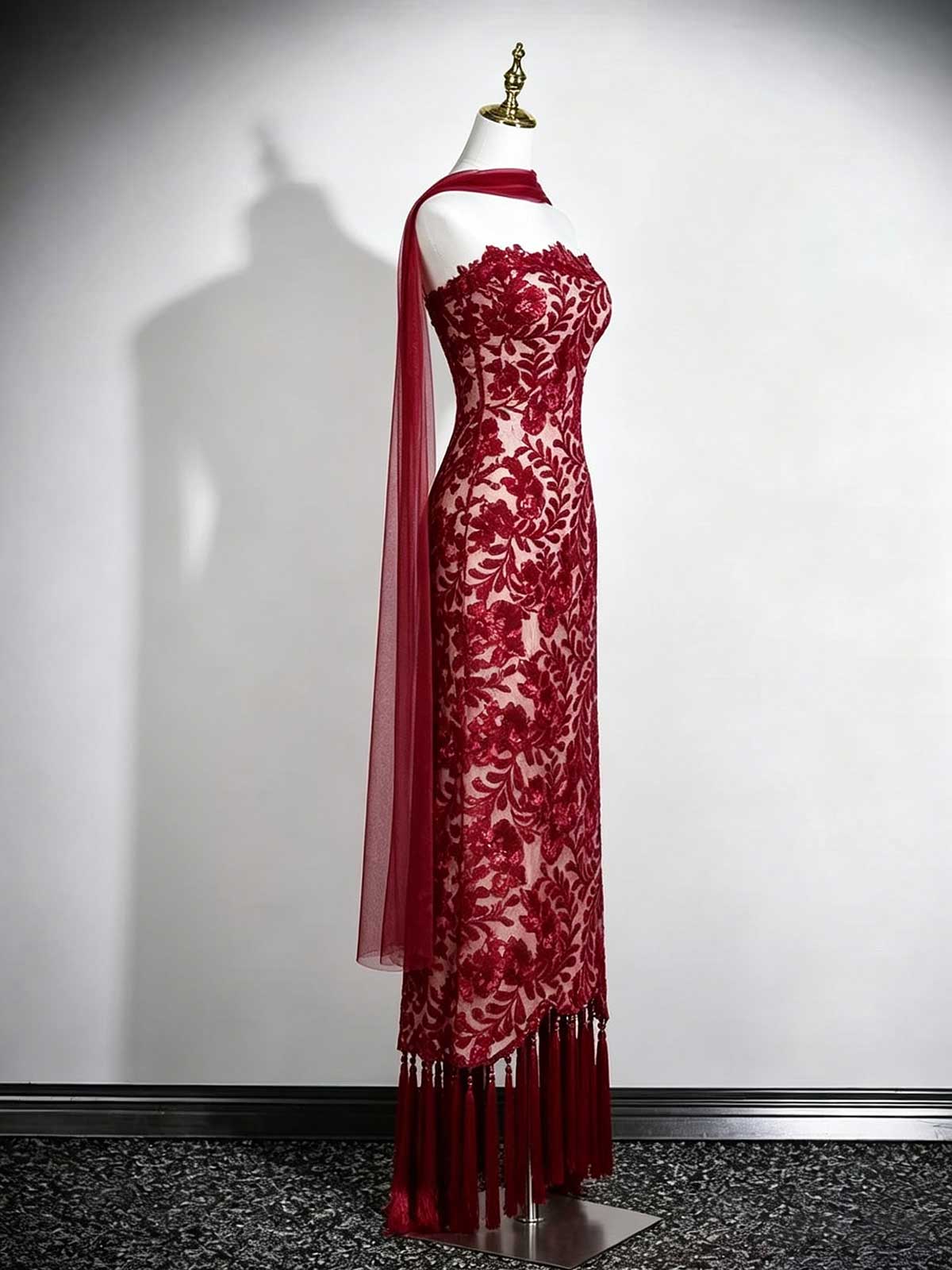 Burgundy Strapless Lace Evening Gown with Tassels and Chiffon Cape