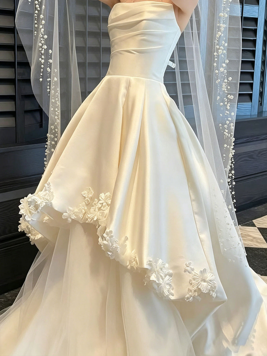 Ivory Strapless Satin Tiered A-Line Wedding Dress with Pearl Veil