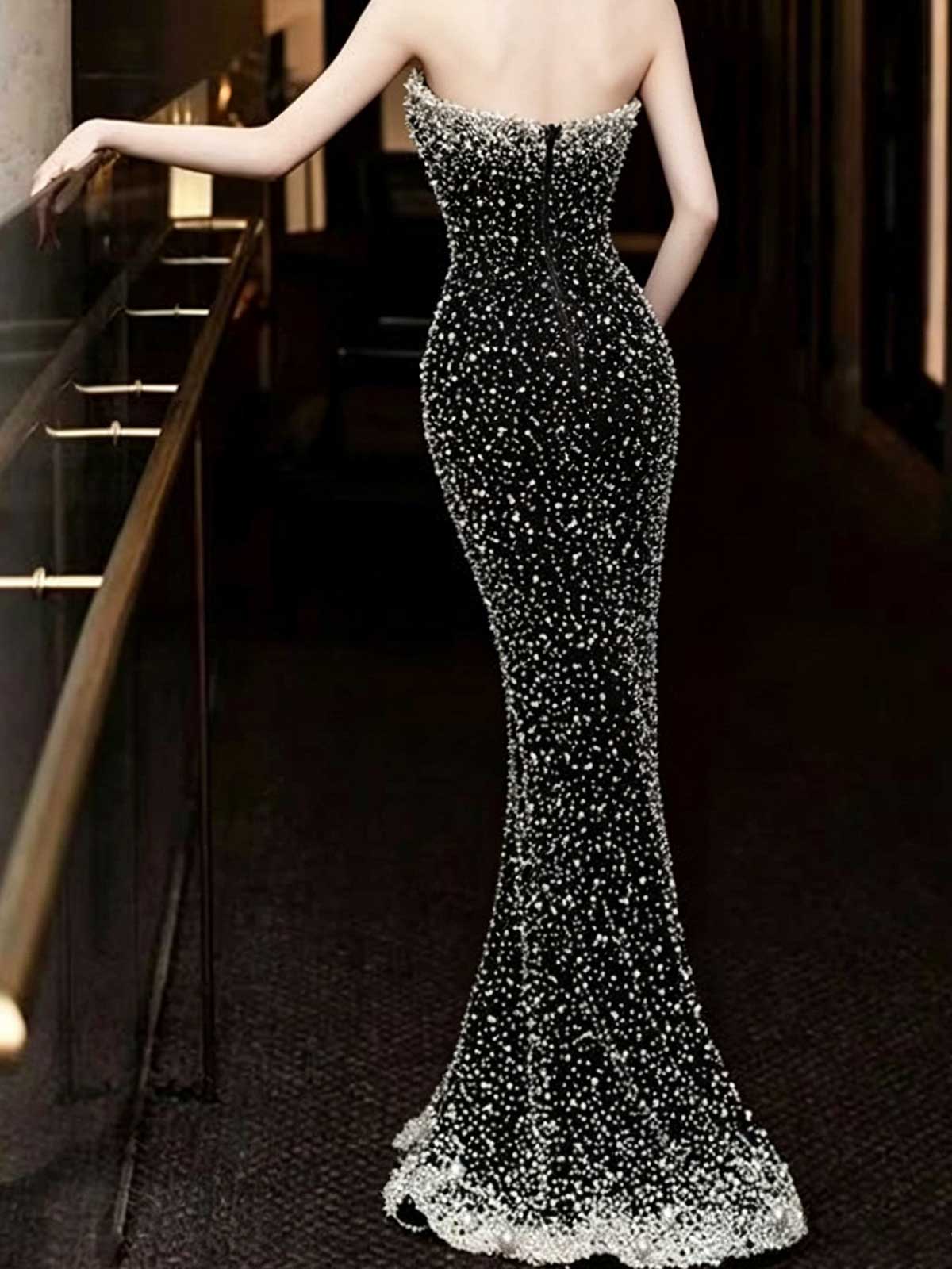 Black Strapless Pearl Embellished Mermaid Evening Gown