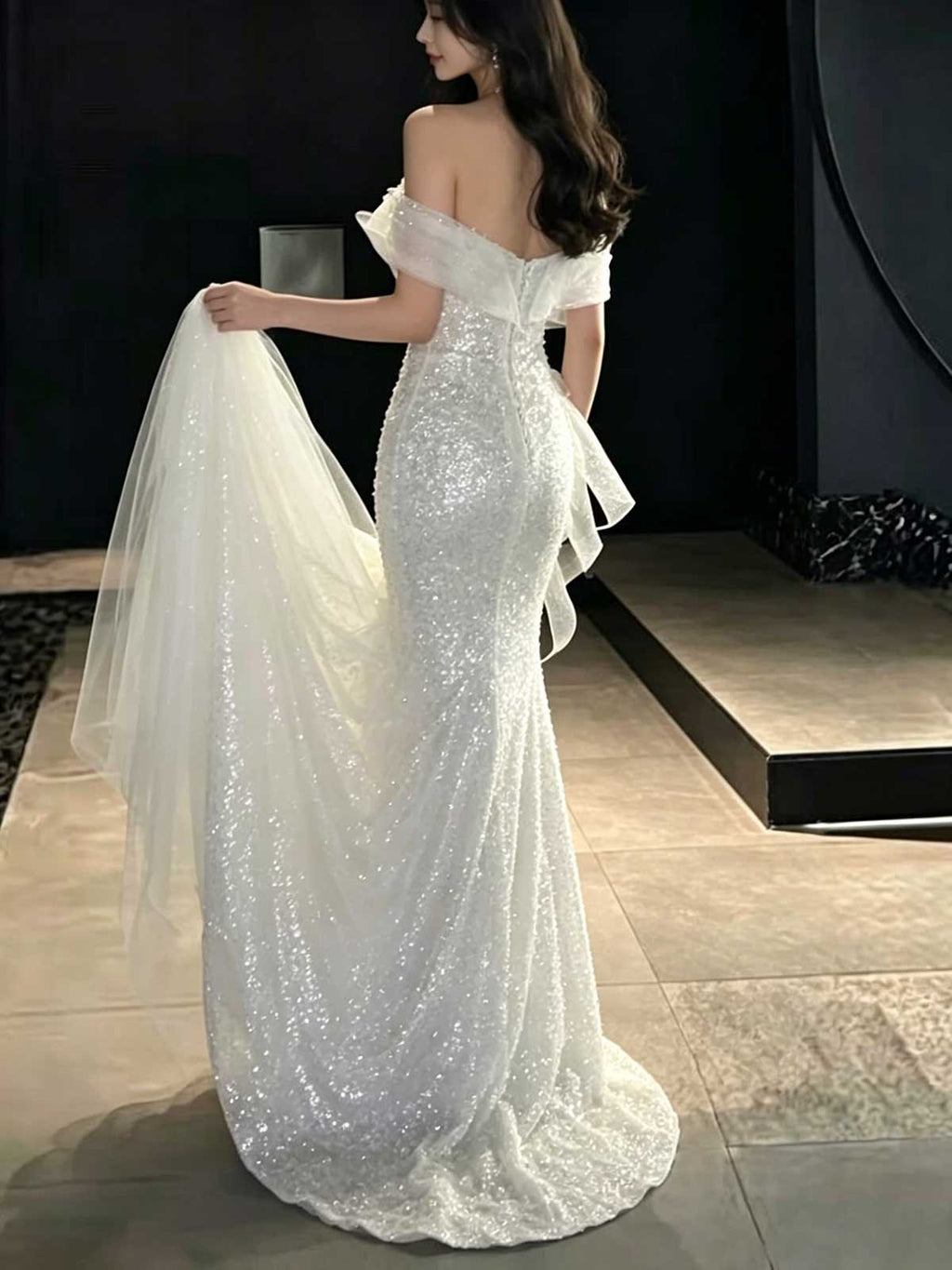 White Off-the-Shoulder Sequin Mermaid Wedding Dress with Detachable Train