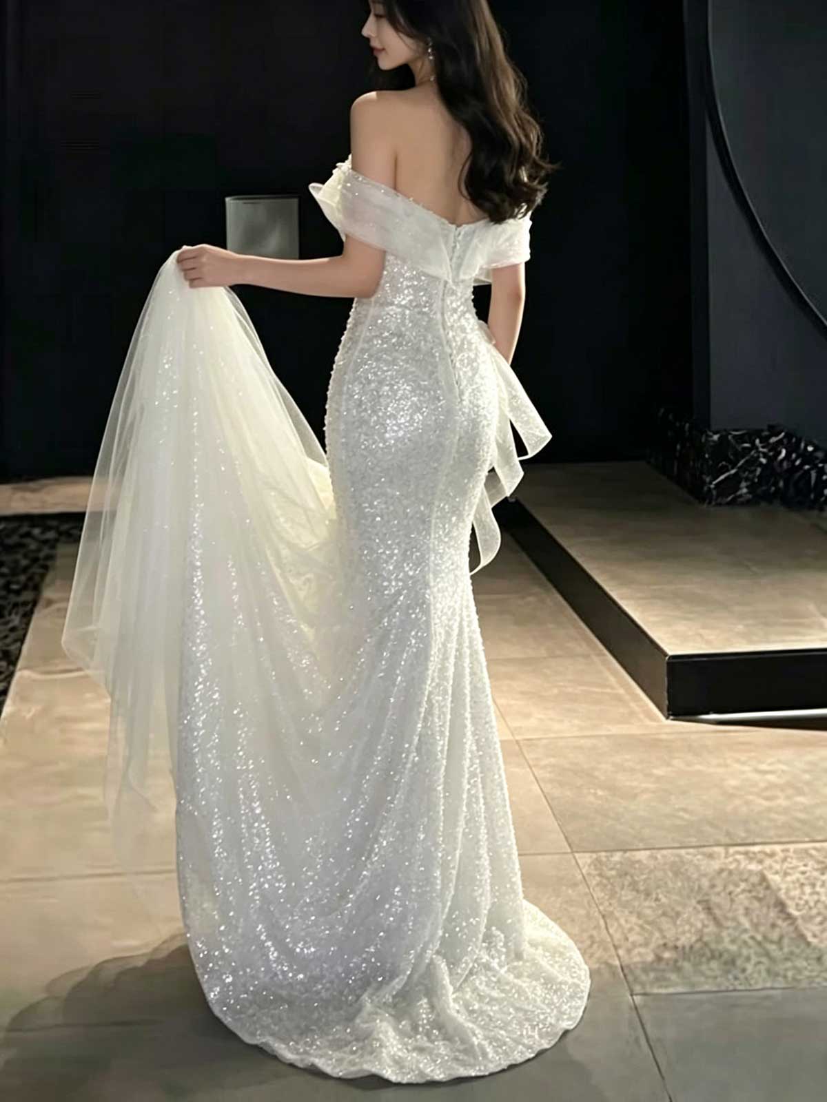 White Off-the-Shoulder Sequin Mermaid Wedding Dress with Detachable Train