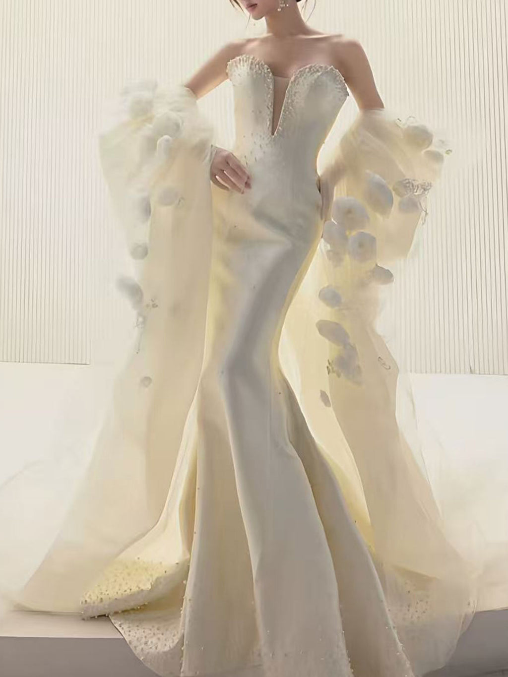 Sweetheart 3D Floral Puff Sleeve Satin Mermaid Wedding Dress
