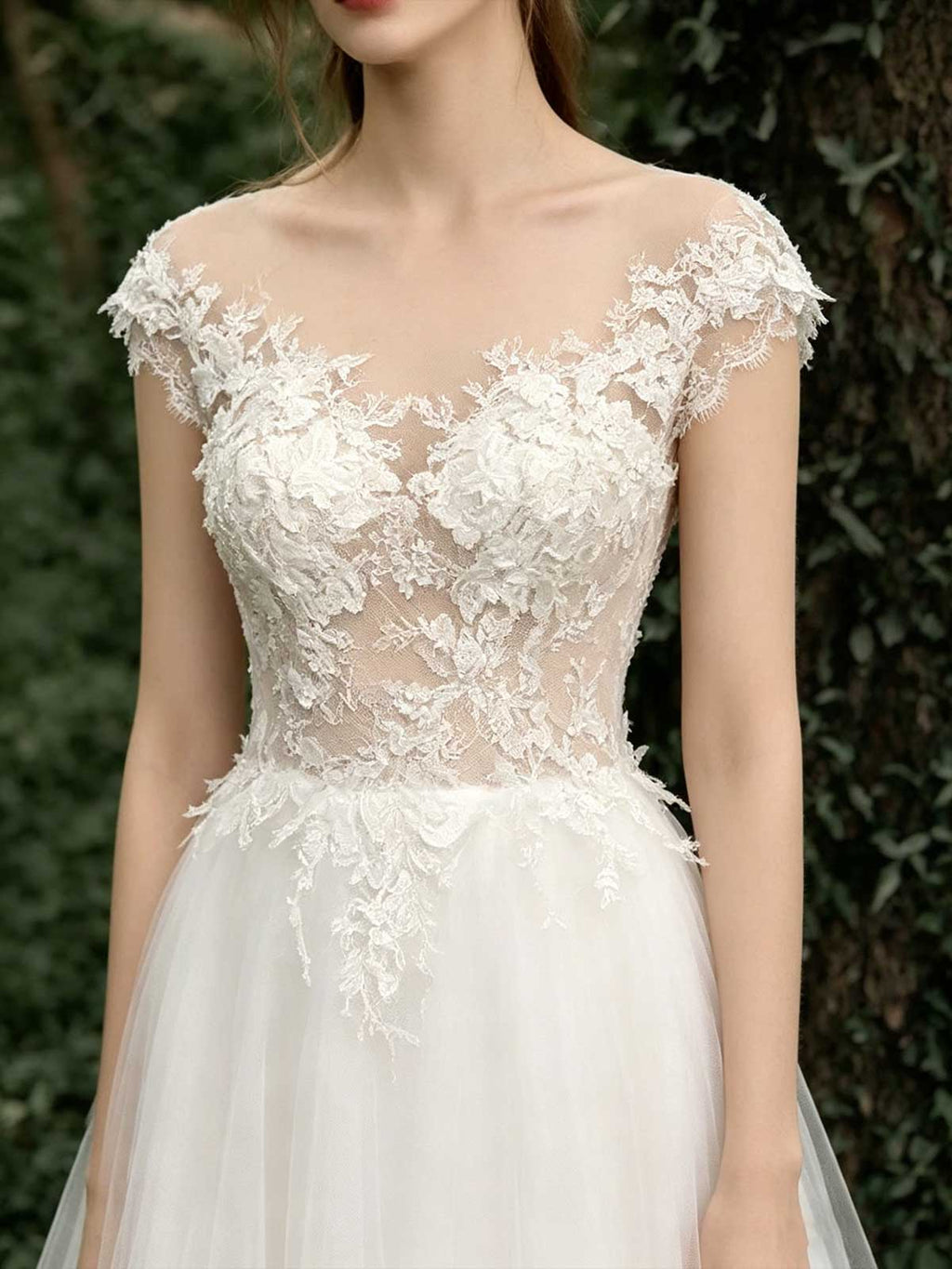 Ivory Lace Off-the-Shoulder Sheer Tulle A-Line Wedding Dress