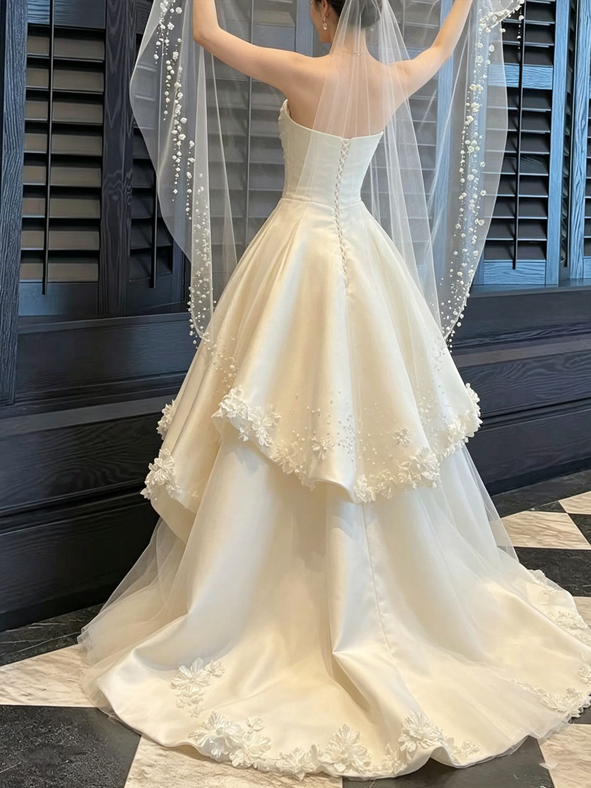 Ivory Strapless Satin Tiered A-Line Wedding Dress with Pearl Veil
