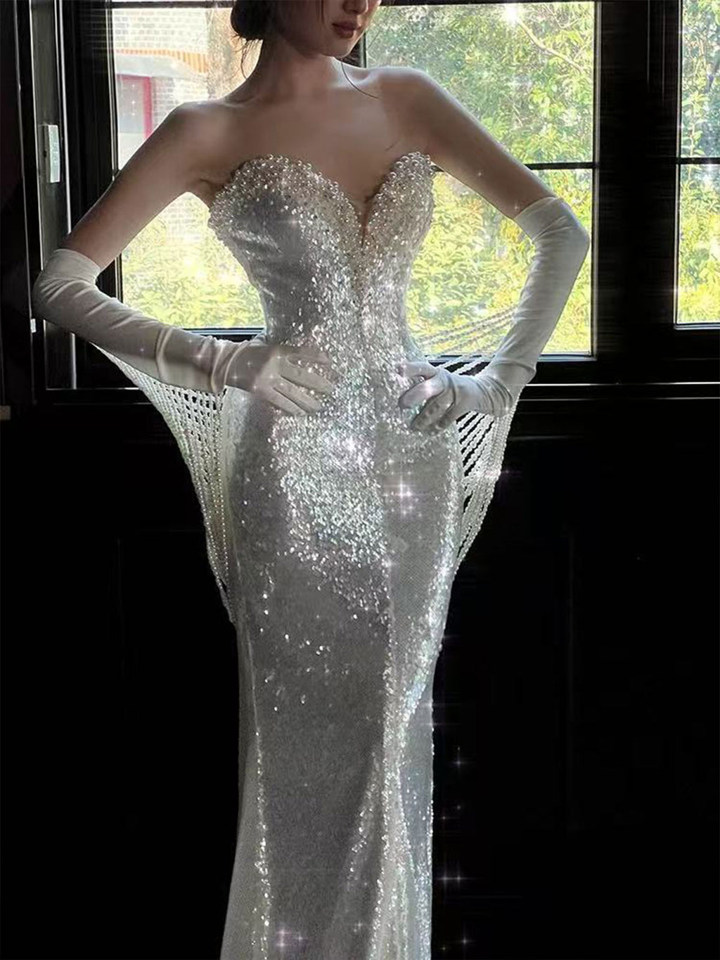 Strapless Full Rhinestone Gloves Mesh Mermaid Evening Gown