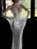 Strapless Full Rhinestone Gloves Mesh Mermaid Evening Gown
