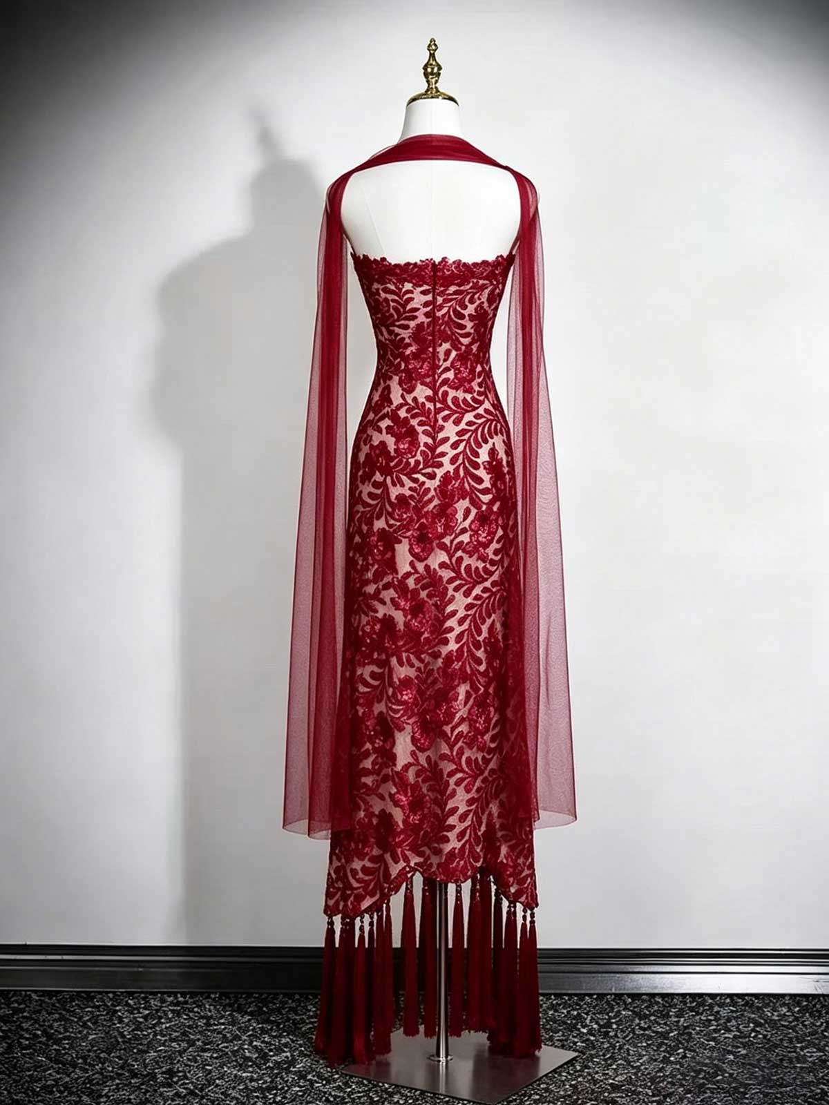 Burgundy Strapless Lace Evening Gown with Tassels and Chiffon Cape