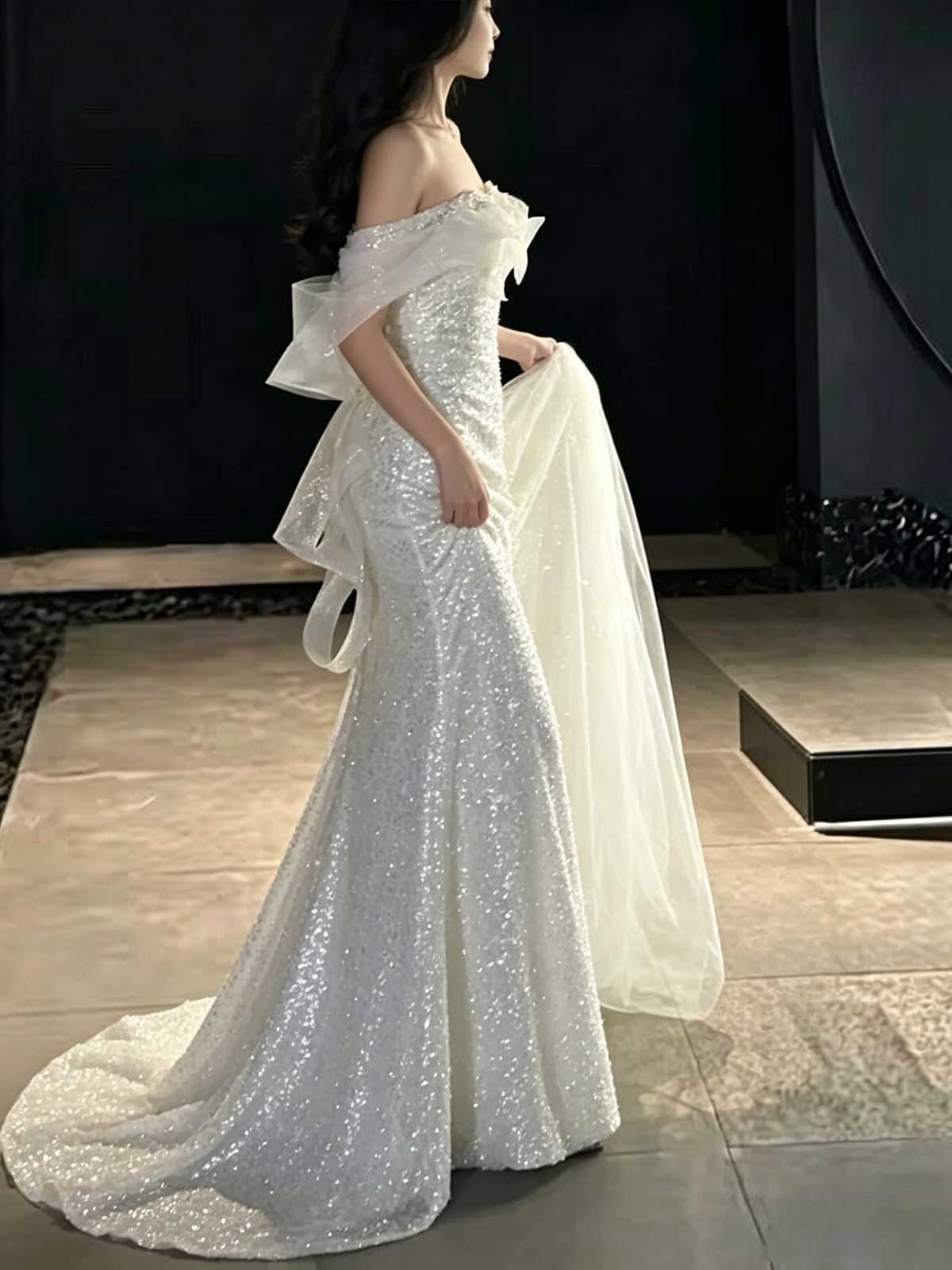 White Off-the-Shoulder Sequin Mermaid Wedding Dress with Detachable Train