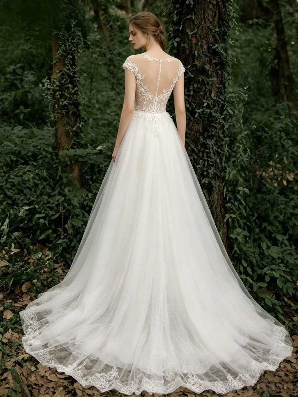 Ivory Lace Off-the-Shoulder Sheer Tulle A-Line Wedding Dress
