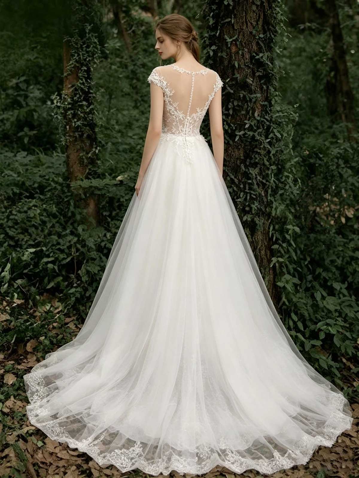 Ivory Lace Off-the-Shoulder Sheer Tulle A-Line Wedding Dress