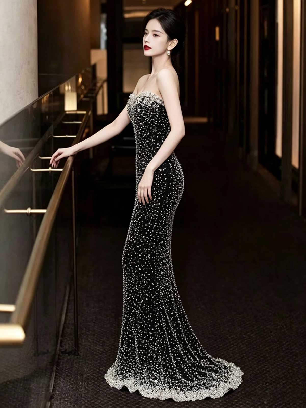 Black Strapless Pearl Embellished Mermaid Evening Gown