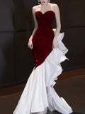 Strapless Burgundy Velvet White Ruffle Mermaid Formal Gown