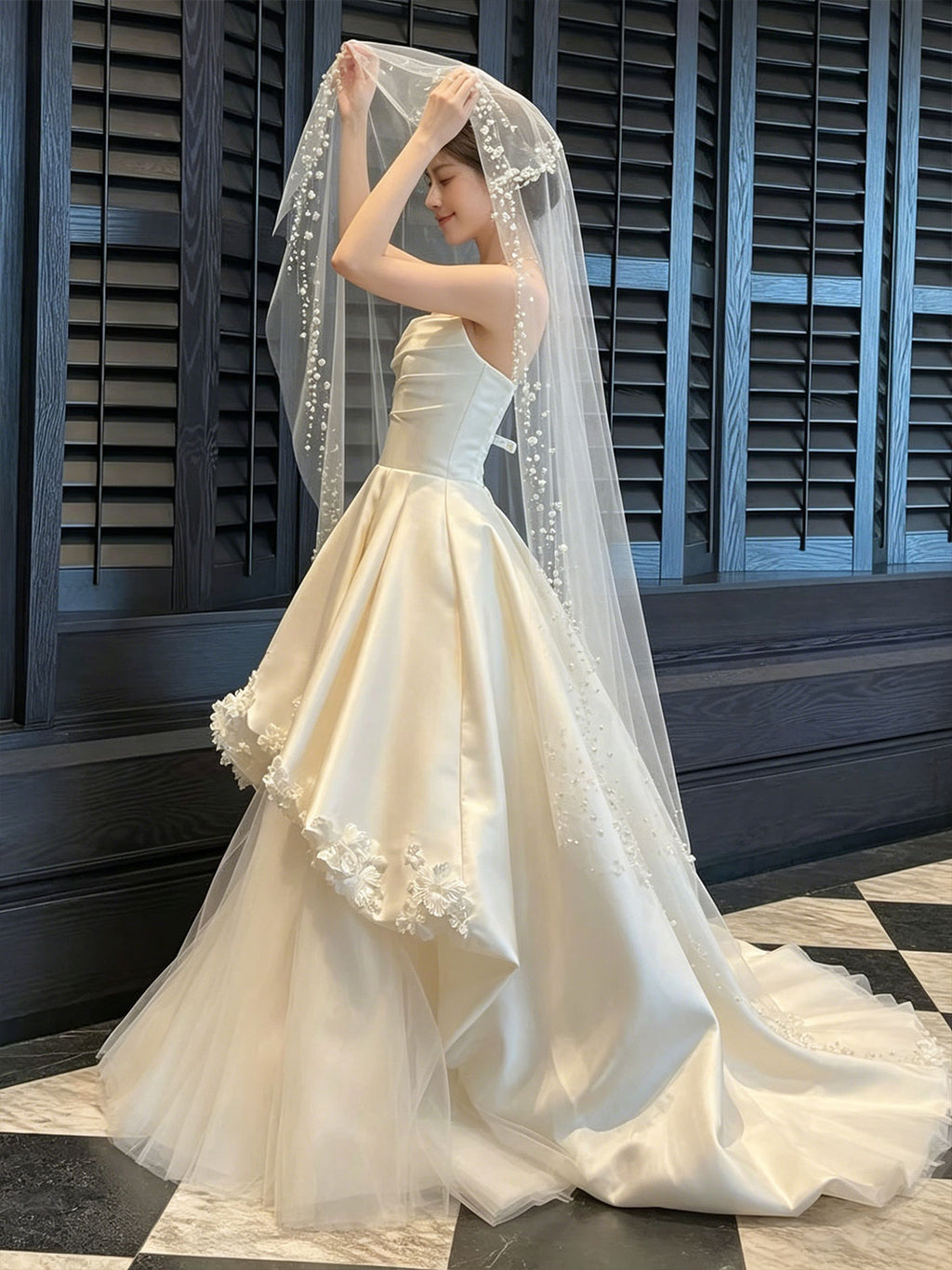 Ivory Strapless Satin Tiered A-Line Wedding Dress with Pearl Veil