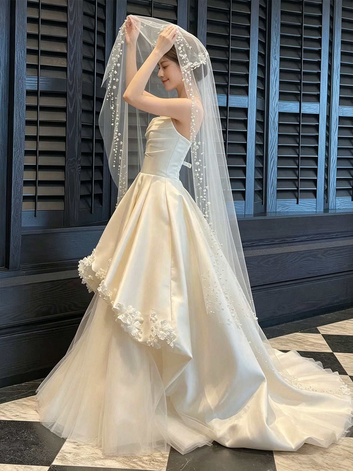 Ivory Strapless Satin Tiered A-Line Wedding Dress with Pearl Veil