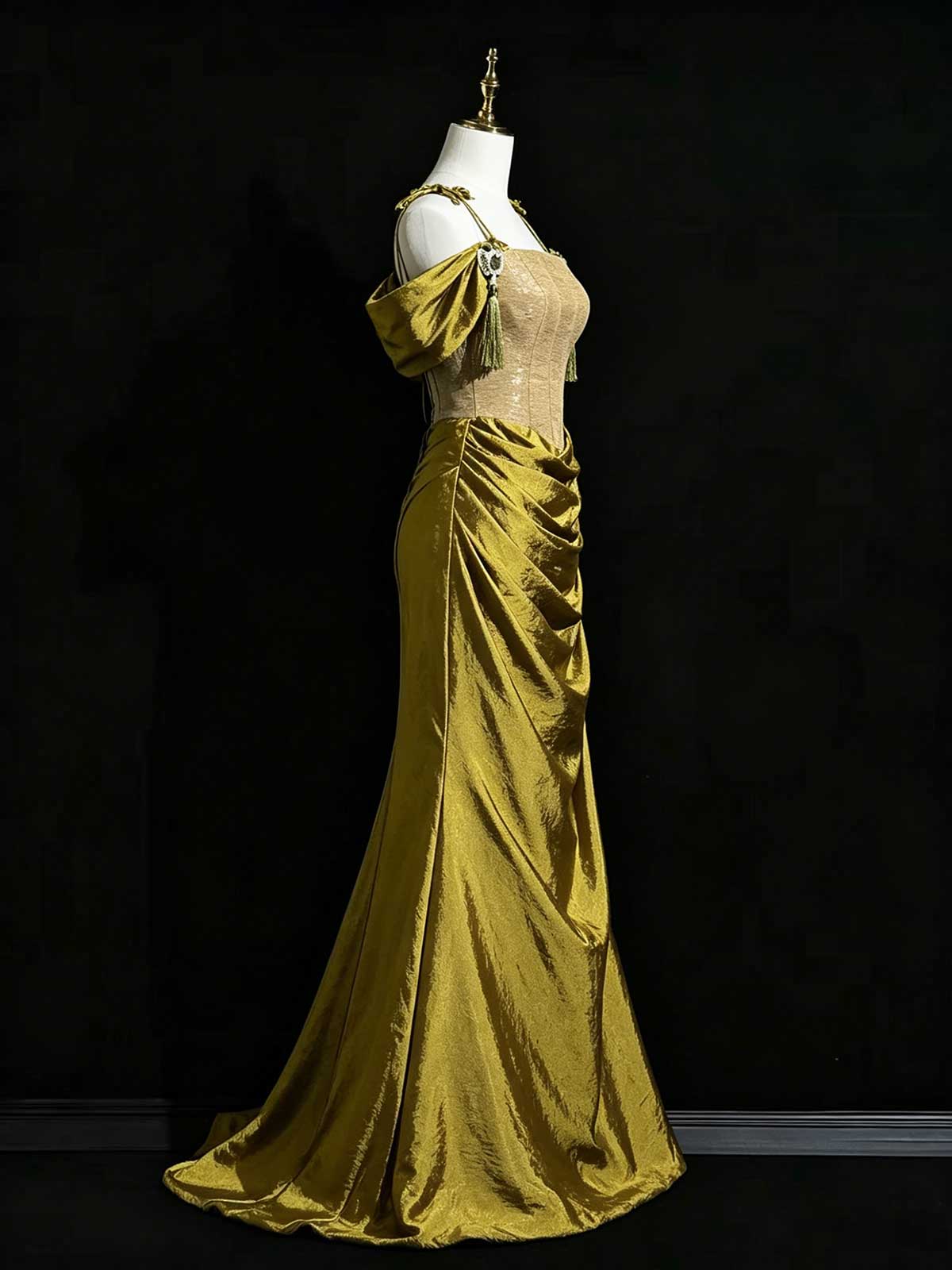Gold Off-the-Shoulder Satin Mermaid Evening Gown with Corset Bodice