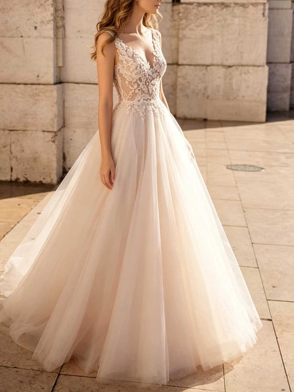 Ivory Lace V-Neck Sheer Tulle A-Line Wedding Dress
