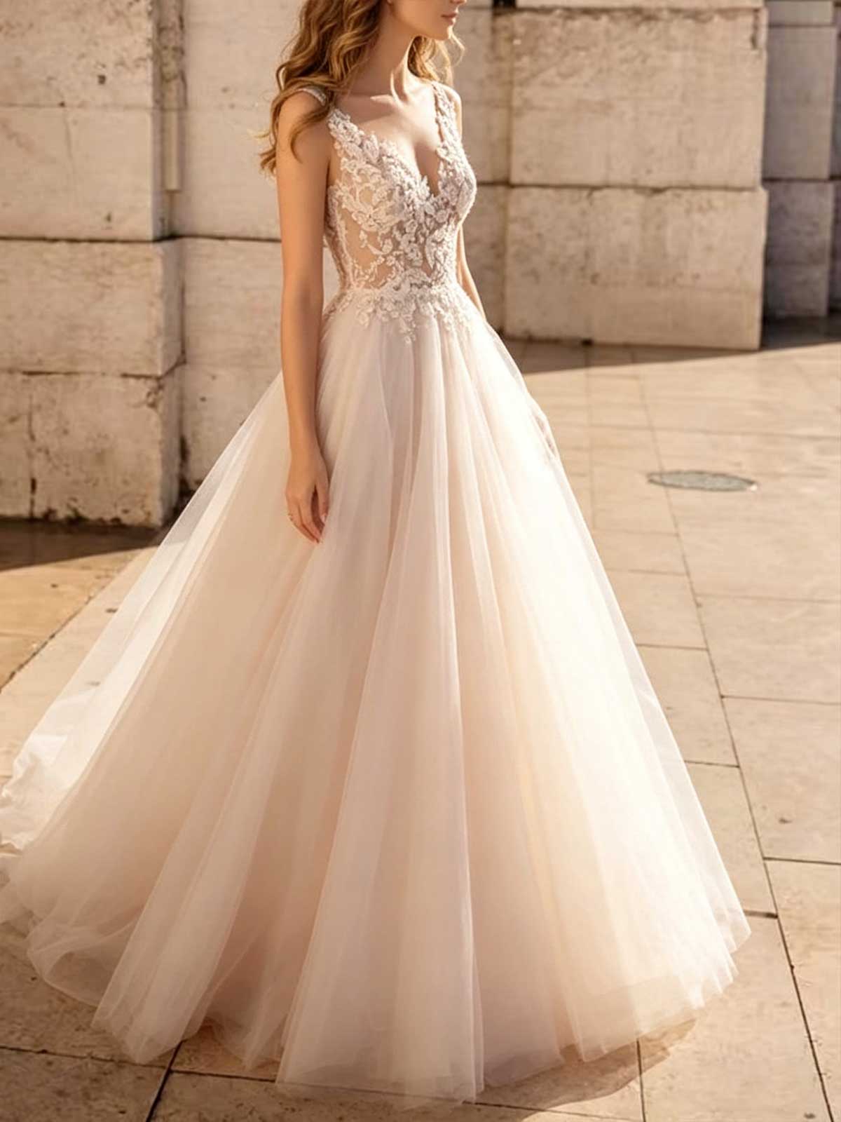 Ivory Lace V-Neck Sheer Tulle A-Line Wedding Dress