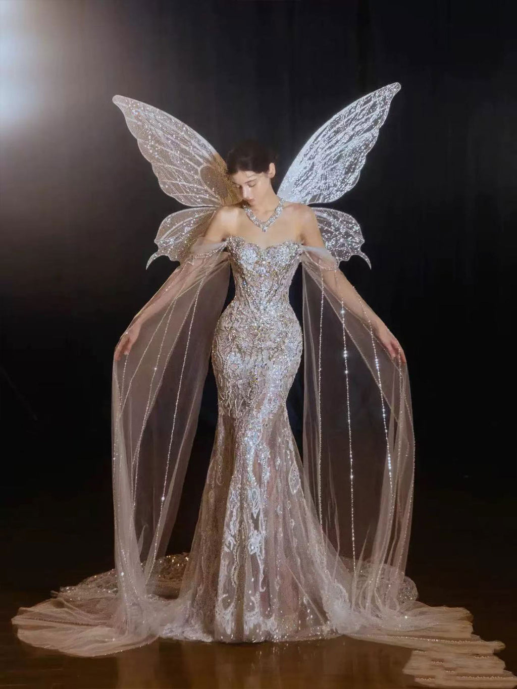 Strapless Butterfly Wing Crystal Tulle Mermaid Evening Gown