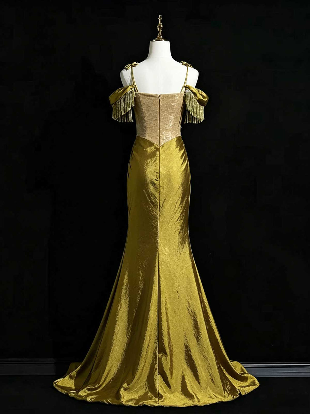 Gold Off-the-Shoulder Satin Mermaid Evening Gown with Corset Bodice