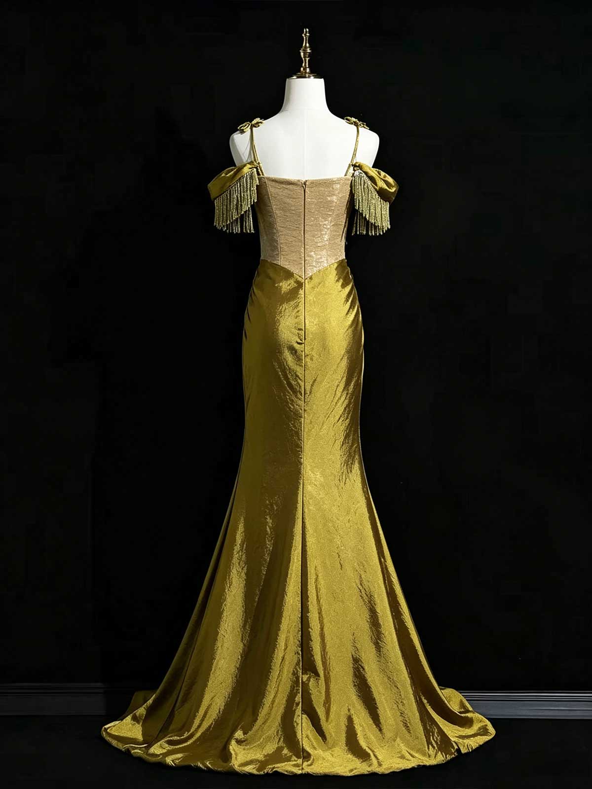 Gold Off-the-Shoulder Satin Mermaid Evening Gown with Corset Bodice