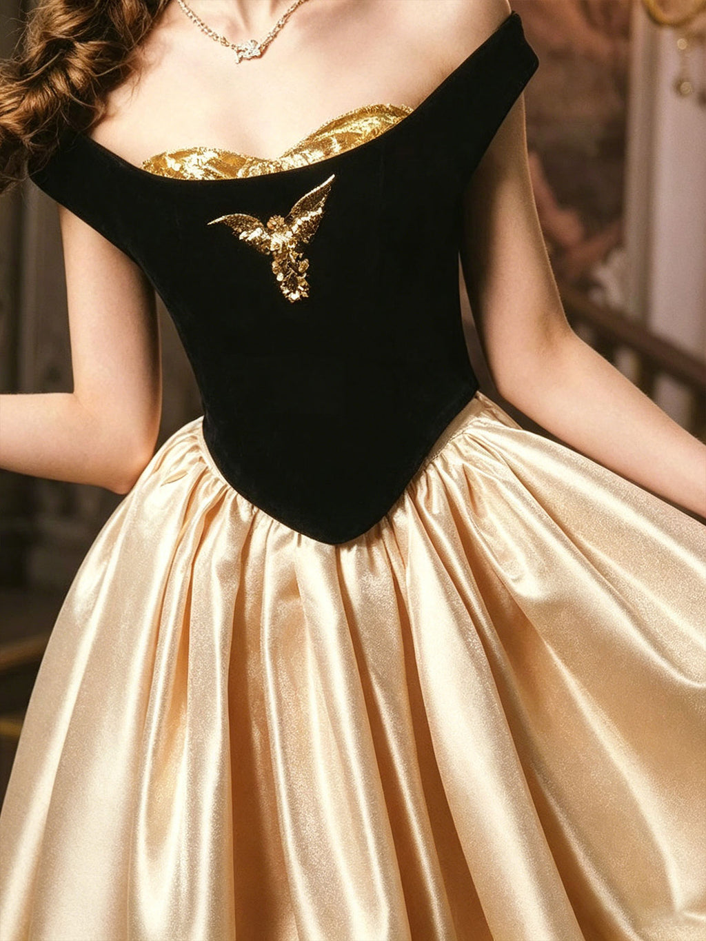 Black Gold Velvet Strapless A-Line Evening Gown