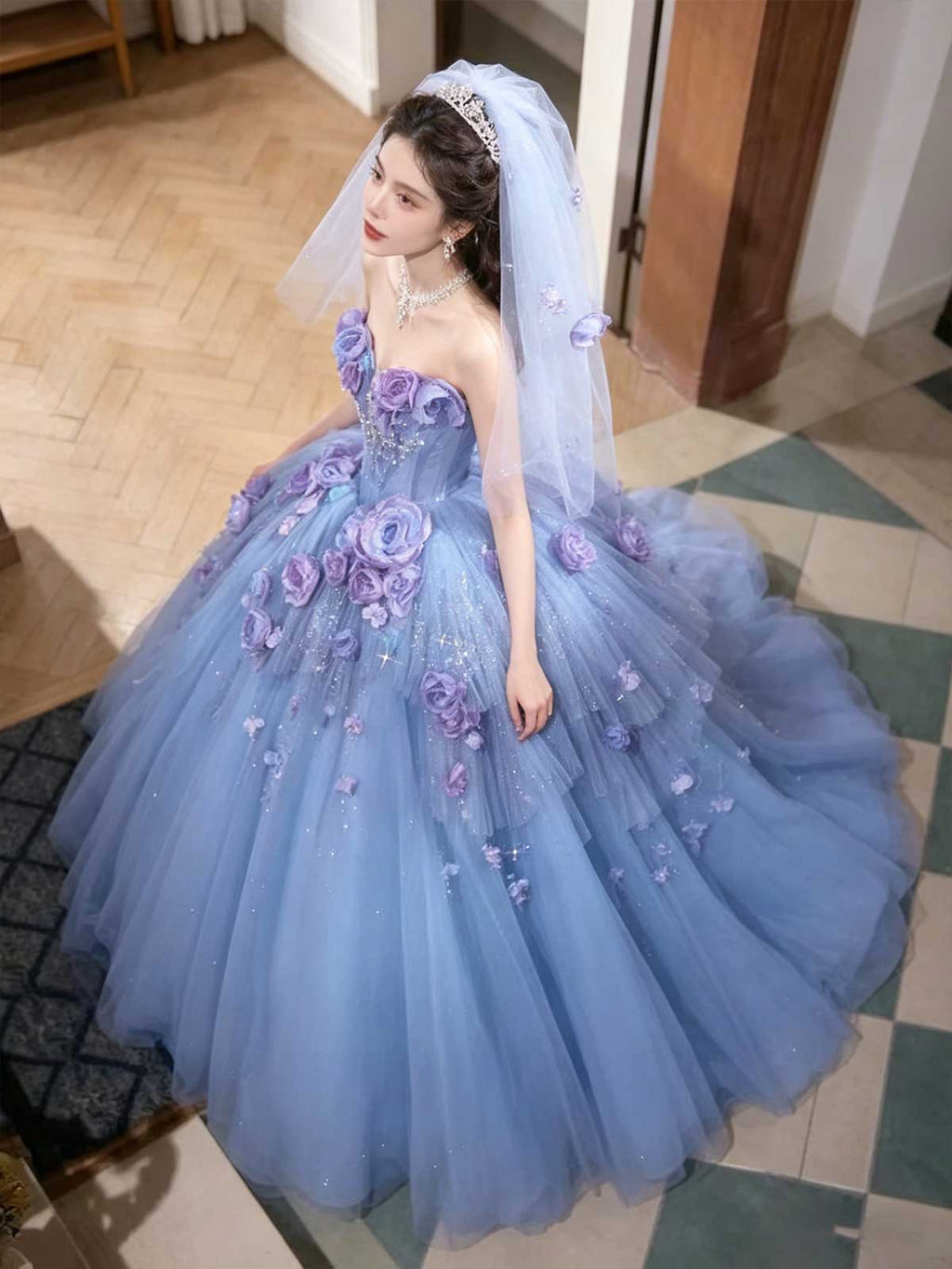 Blue to Purple Ombre Strapless Ball Gown with 3D Floral Appliqués