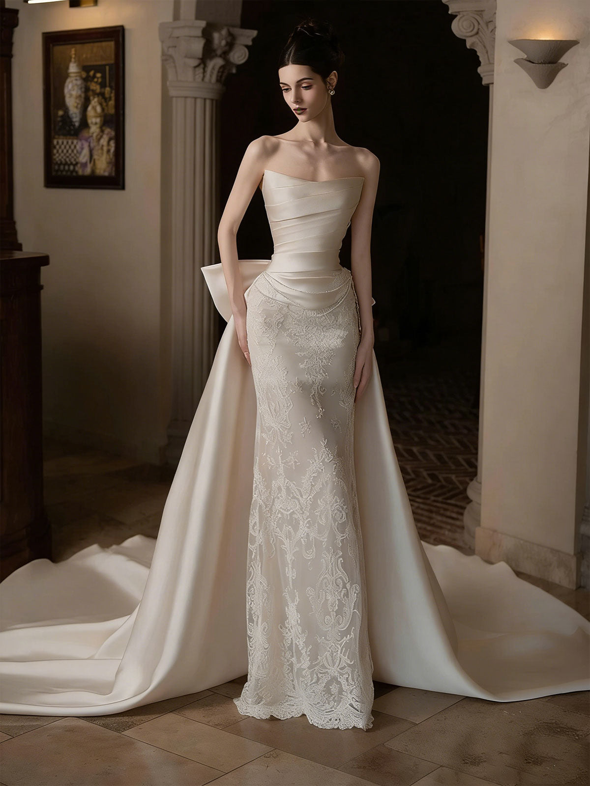 Strapless Satin Lace Mermaid Wedding Dress with Oversized Bow & Train