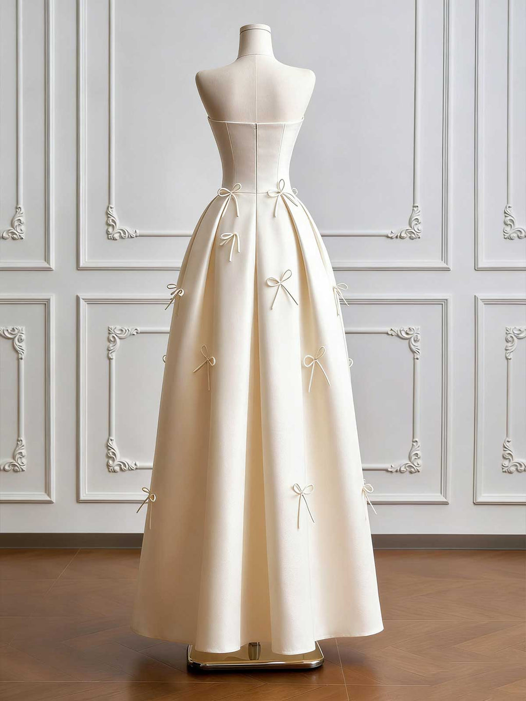 Cream Strapless Ball Gown with Delicate Bow Embellishments & Fitted Bodice