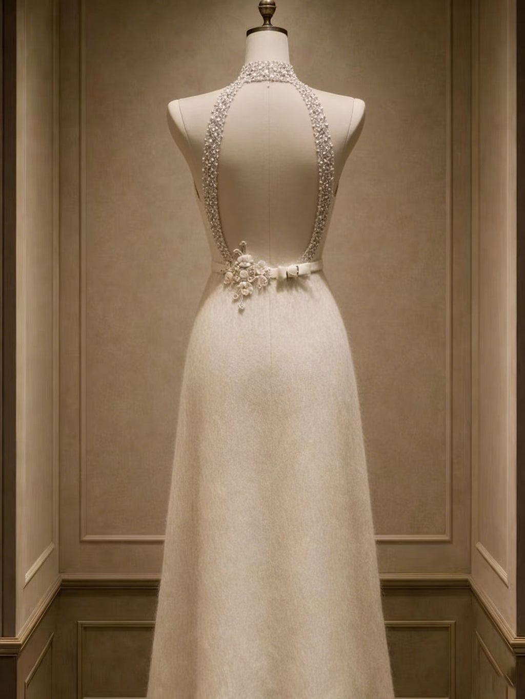 Elegant Halter Neck Gown with Crystal Embellishments & Fuzzy Textured Skirt