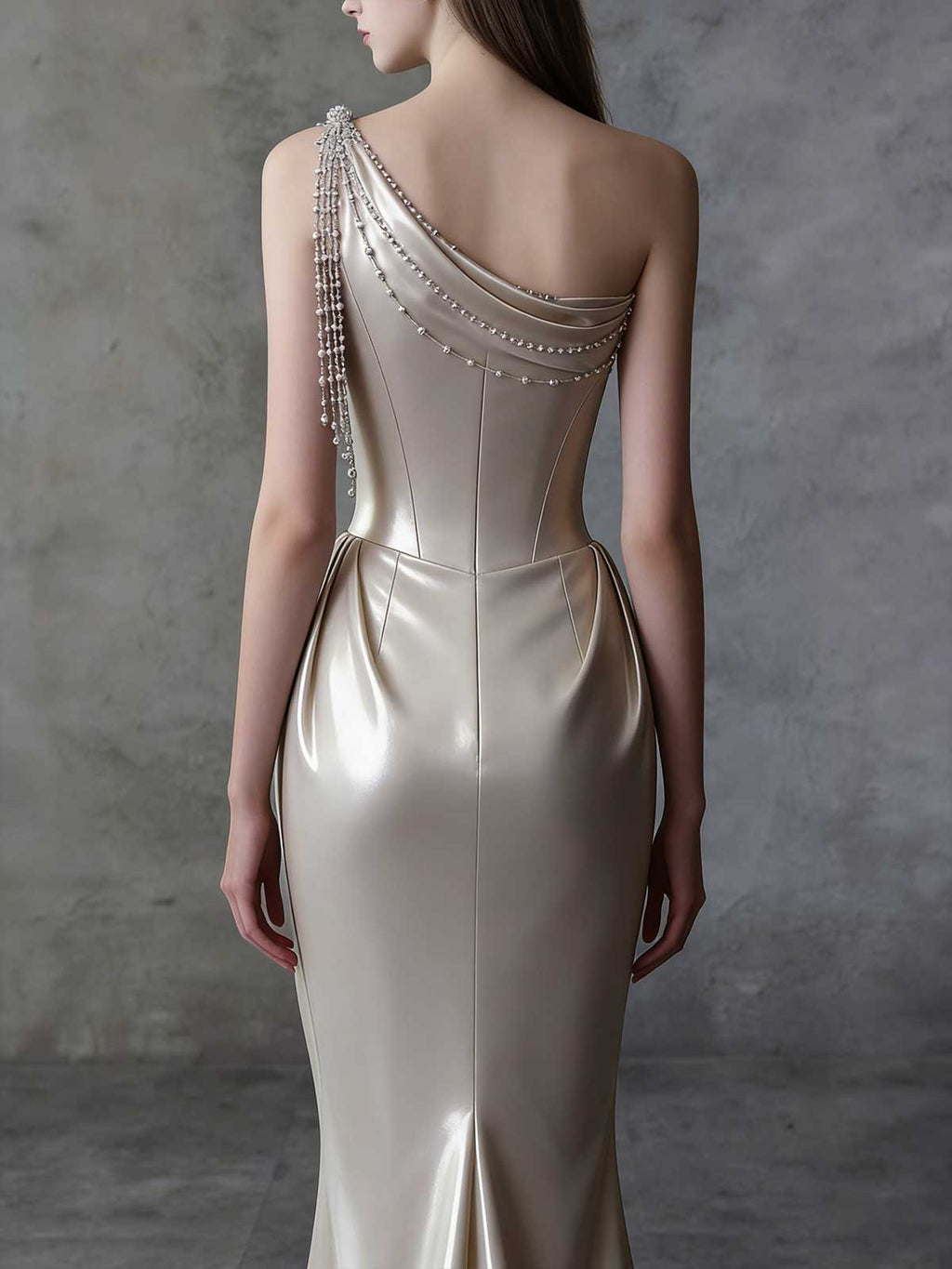 Elegant Champagne Satin Evening Gown with Pearl Drapery