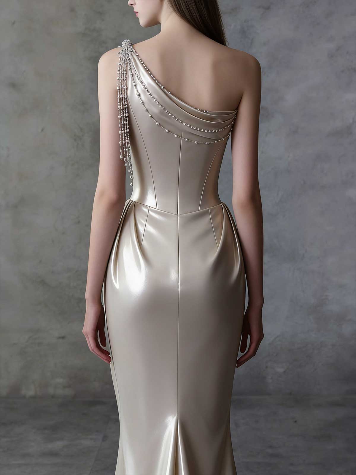 Elegant Champagne Satin Evening Gown with Pearl Drapery