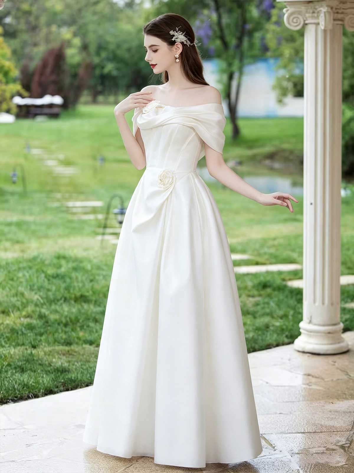 Ivory Satin Off-the-Shoulder A-Line Wedding Dress with 3D Floral