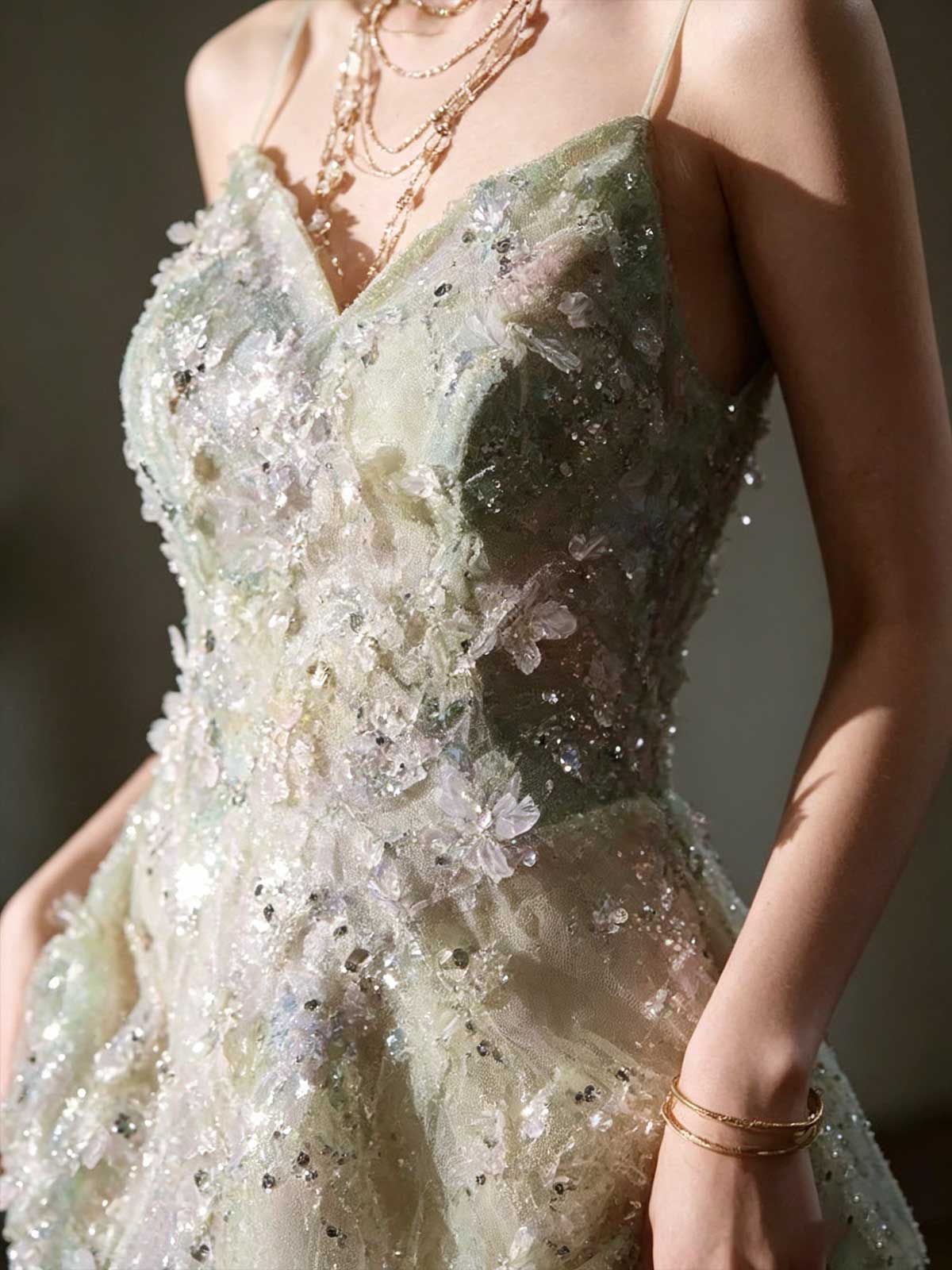 Mint Green Gradient 3D Floral Sequin Spaghetti Strap A-Line Evening Gown