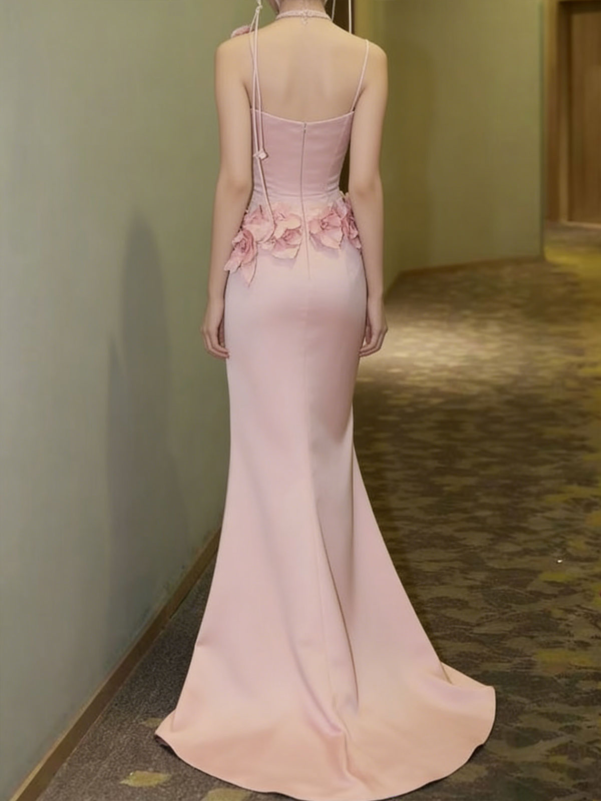 Pink Satin Mermaid Gown with 3D Floral Appliqués