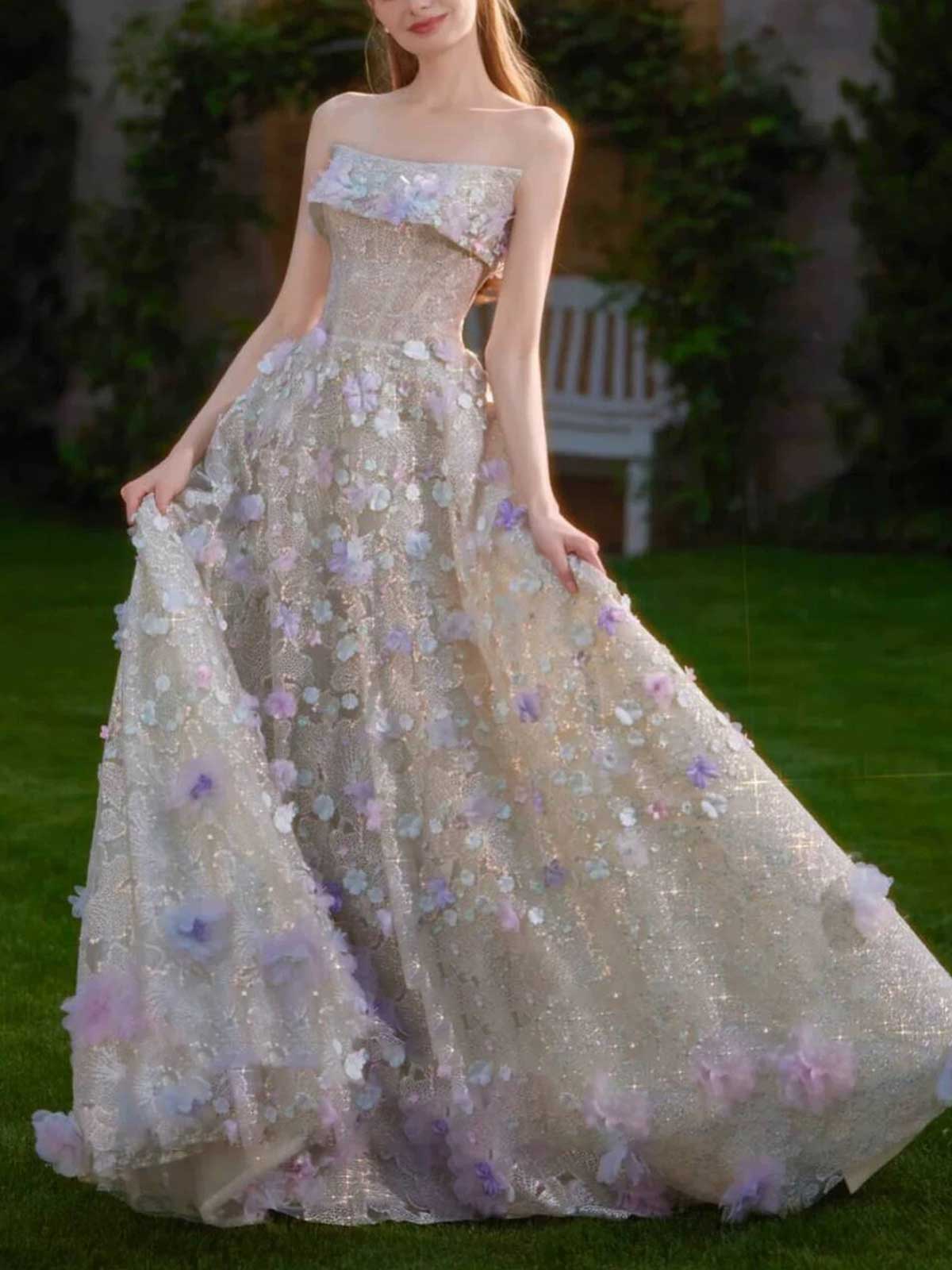 Lilac Pink 3D Floral Applique Strapless A-Line Evening Gown