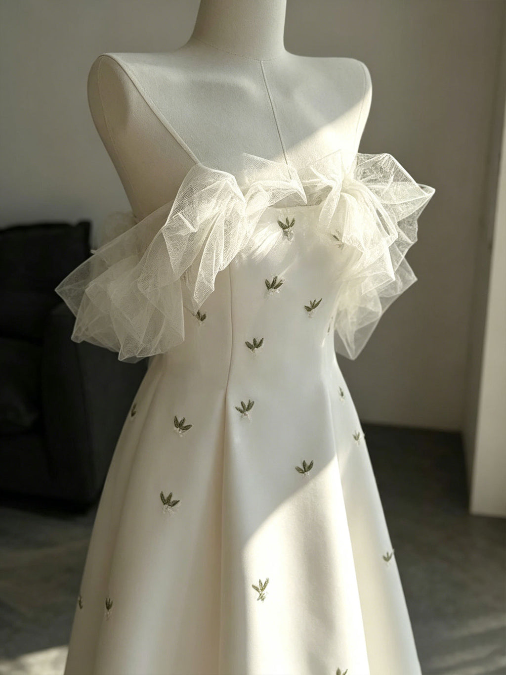 Strapless Tulle Ruffle Embroidered Satin A-Line Wedding Gown