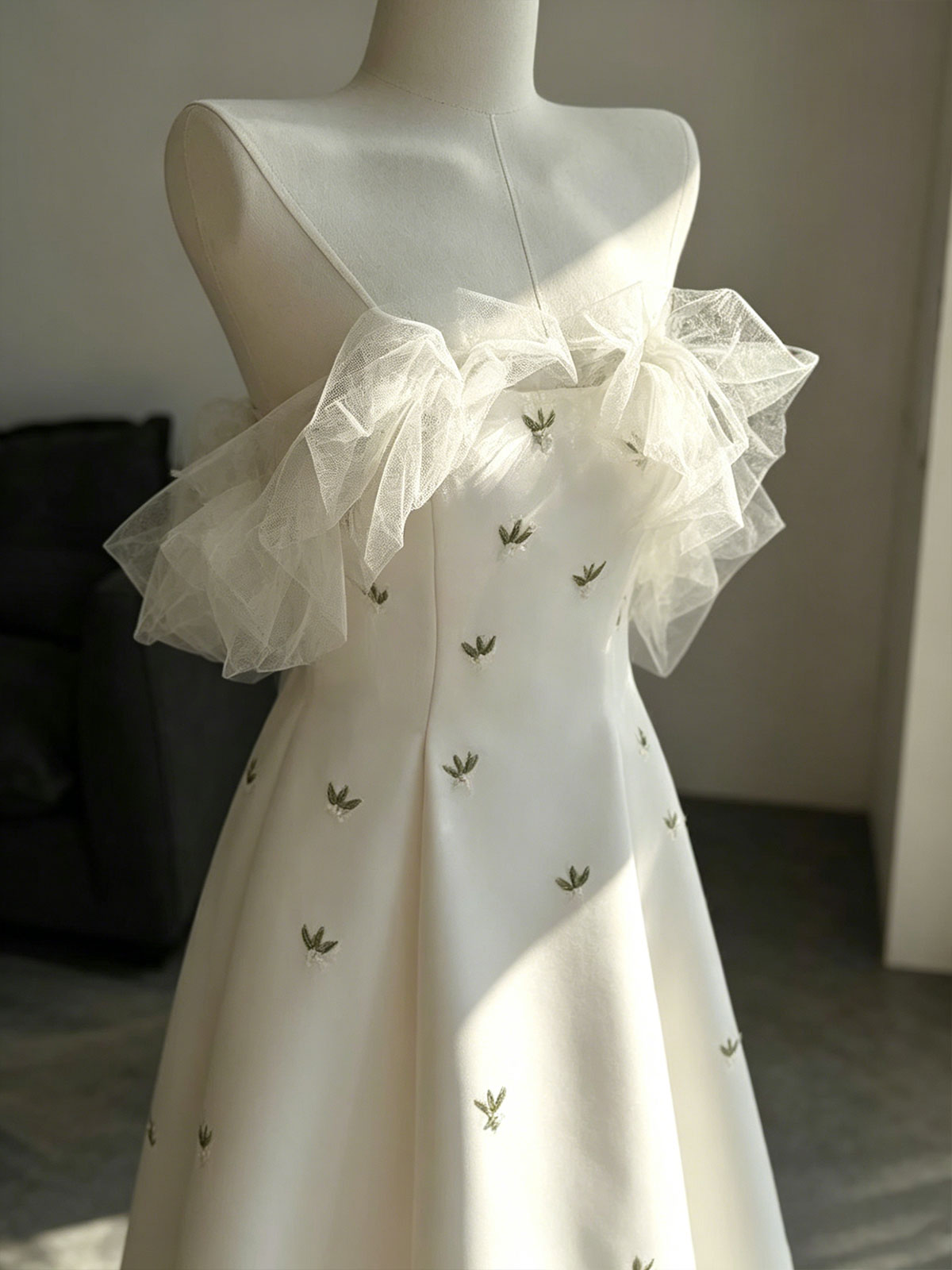 Strapless Tulle Ruffle Embroidered Satin A-Line Wedding Gown
