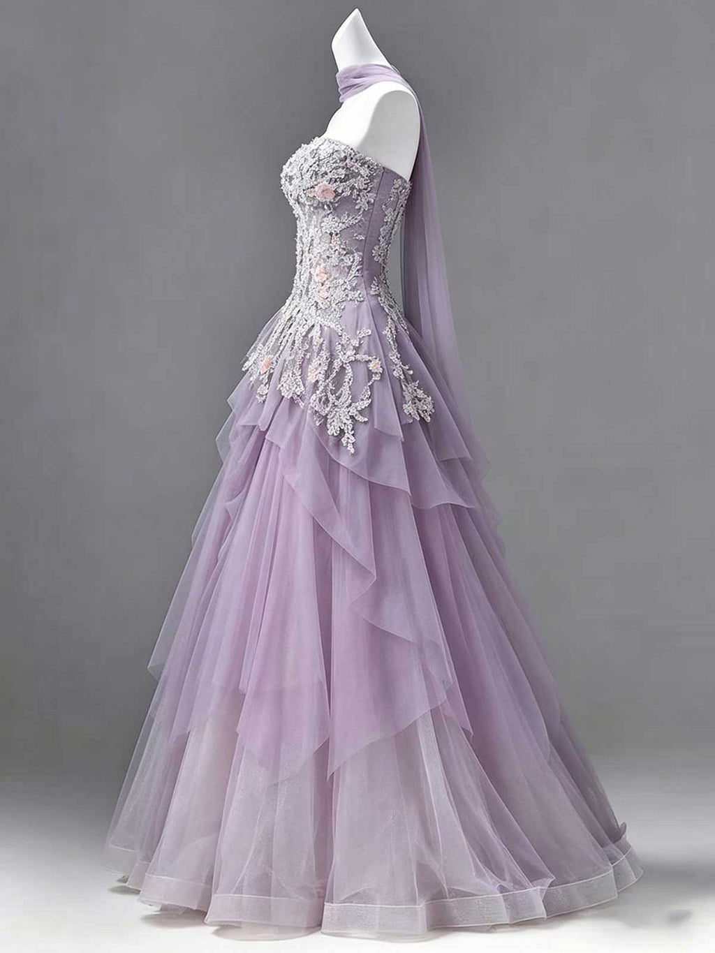 Lavender Purple Strapless 3D Floral Lace Tulle Ball Gown with Sheer Shawl