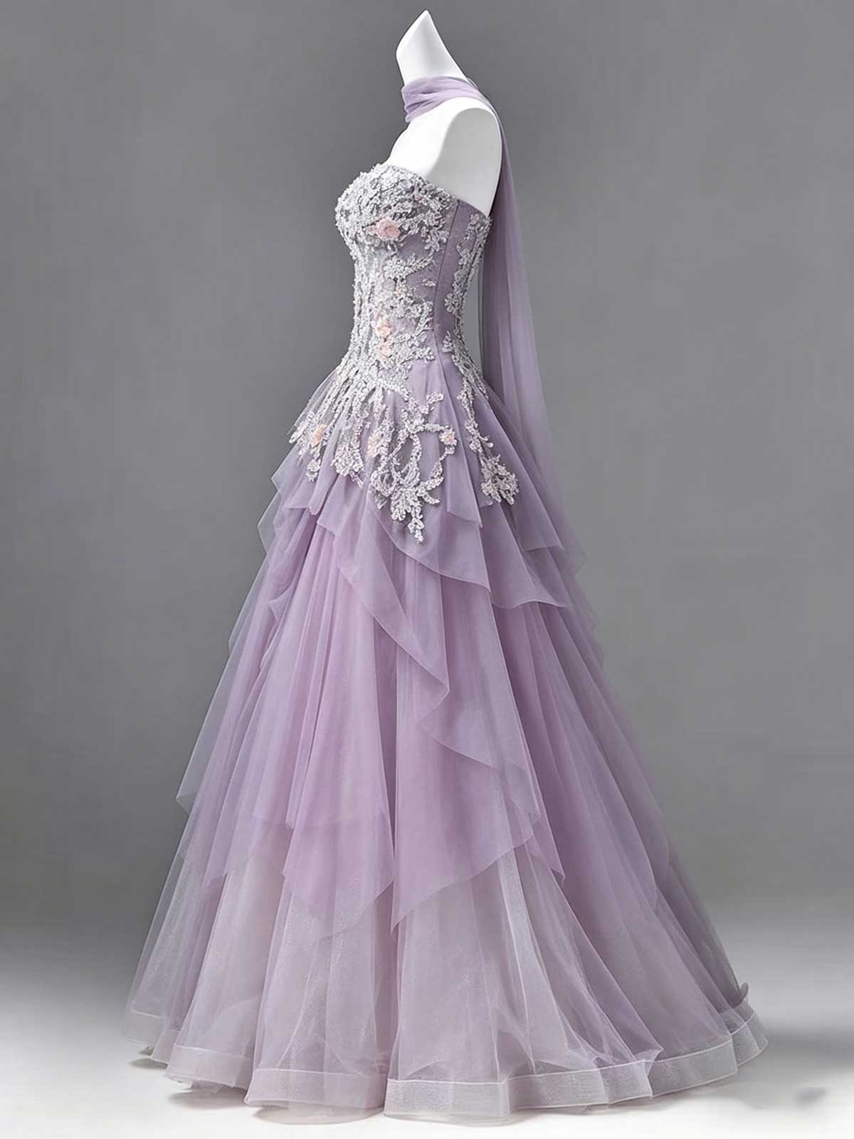 Lavender Purple Strapless 3D Floral Lace Tulle Ball Gown with Sheer Shawl