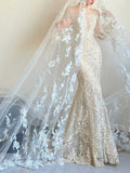 Luxury Champagne Mermaid Bridal Gown with Floral Embellished Train