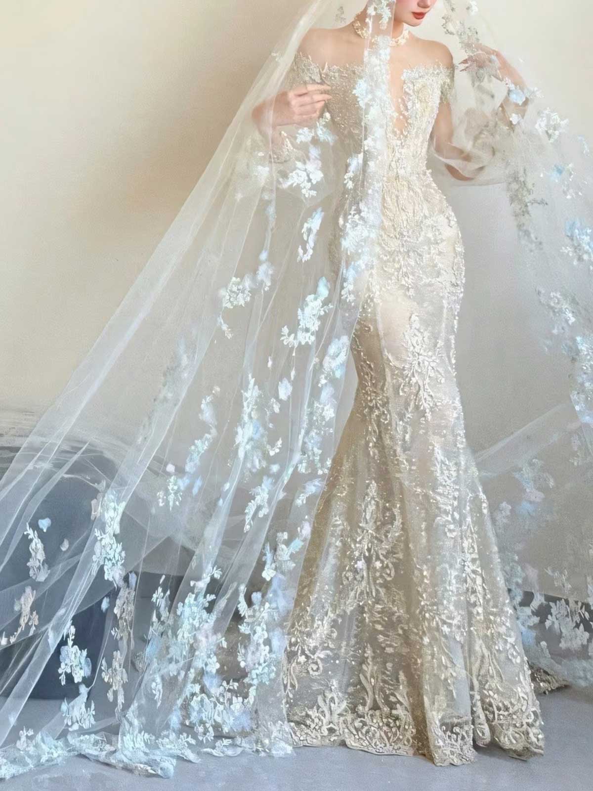 Luxury Champagne Mermaid Bridal Gown with Floral Embellished Train